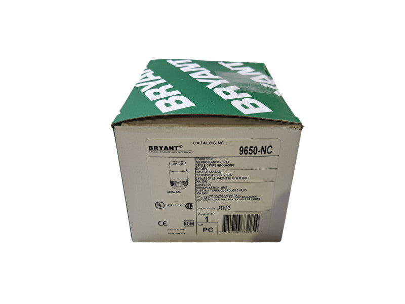 Bryant Electric 9650NC Straight Connector 50A 250V 2P 3W Thermoplastic *READ* Q