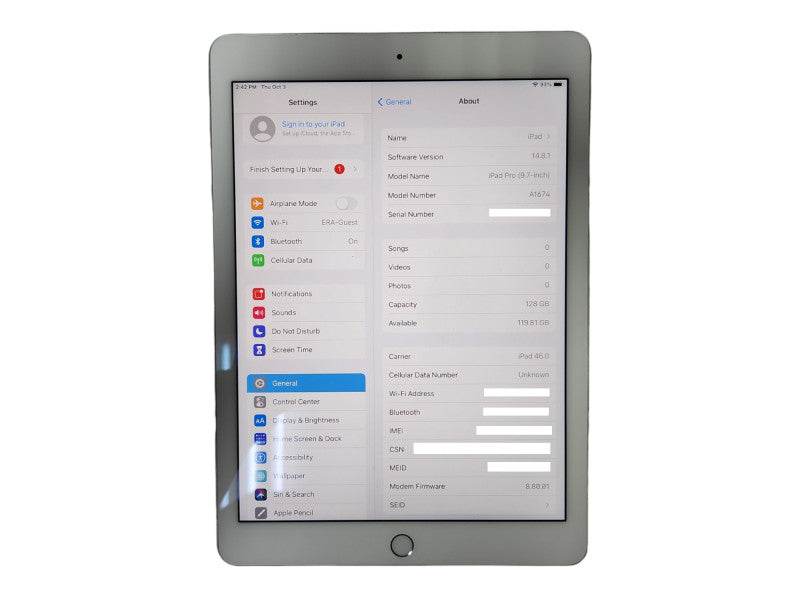 Apple iPad Pro 9.7" 128GB, WiFi + Cellular, Model: A1674, Unlocked