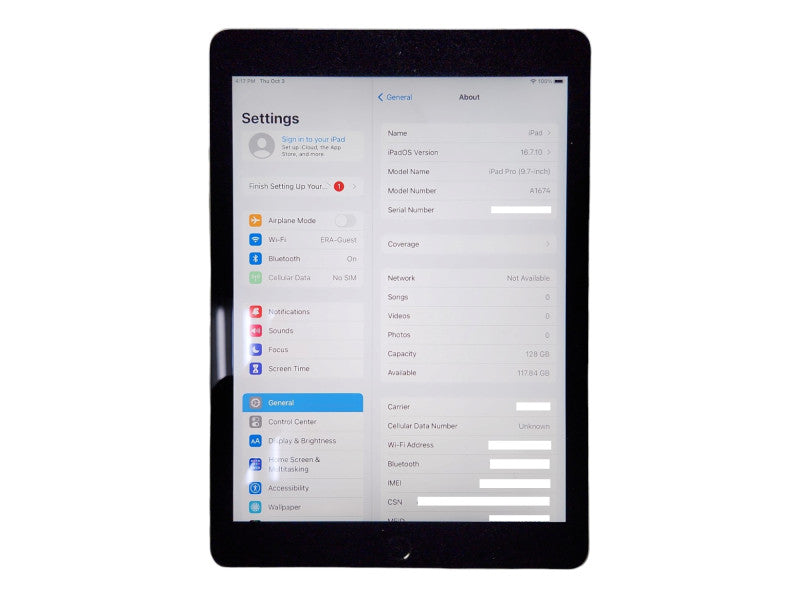 Apple iPad Pro 9.7" 128GB, Black, WiFi + Cellular, Model: A1674, Unlocked