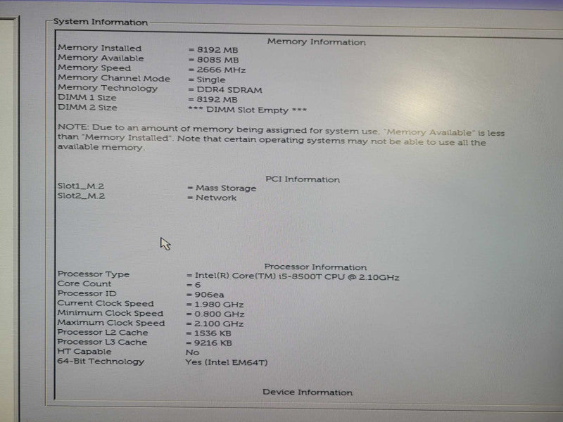 Dell Optiplex 3060 USFF i5 - 8500T CPU @ 2.10GHz 8GB DDR4 Ram 256GB NVMe  !