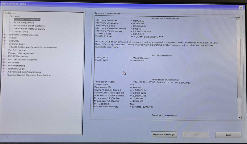Dell OptiPlex 3060 USFF i5-8500T @ 2.10GHz 6C, 8GB DDR4, 256GB NVMe w/ 90W AC