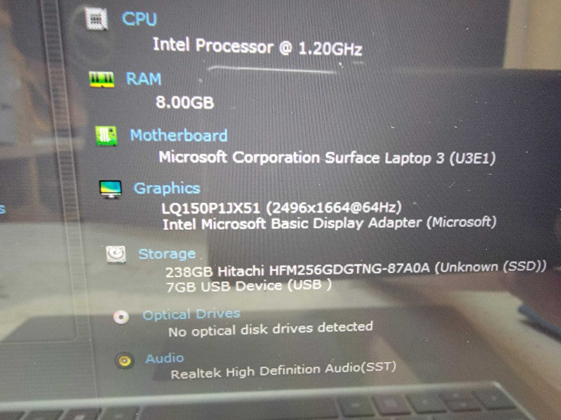 MS Surface Laptop 3 1872 | 4-Core i5-1035G7 @1.2GHz 8GB RAM 256GB SSD - READ  Lap200