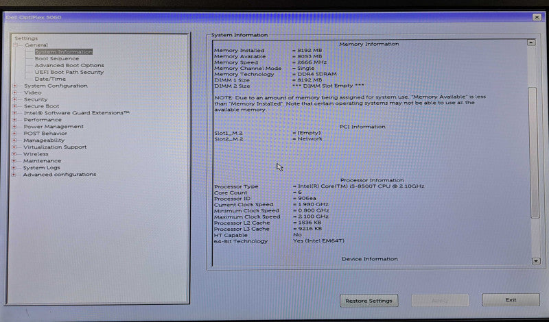 Dell OptiPlex 5060 USFF | i5-8500T @ 2.10GHz 6C, 8GB DDR4, Wi-Fi, No HDD's