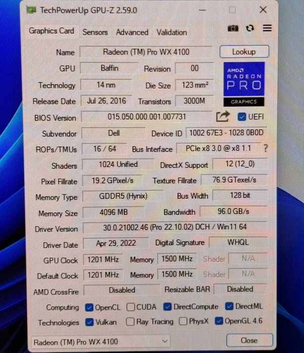 Radeon Pro WX 4100 | 4GB GDDR5 Low Profile Graphics Card | 4x Mini DP