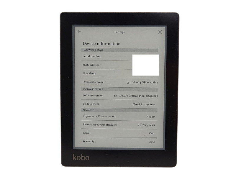 Kobo Aura N514 Model 4GB Wifi 6" Black ereader $