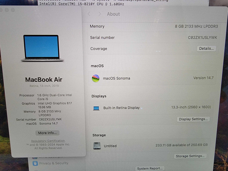 MacBook Air Retina 13" A1932 | i5-8210Y @1.6GHz 8GB RAM 250GB SSD - READ