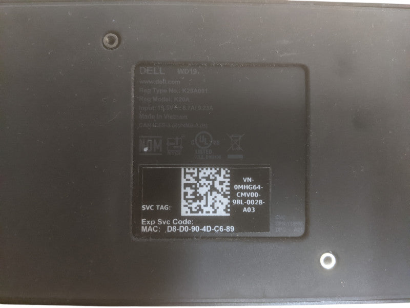 Dell WD19 | K20A001 | Universal USB-C Dock | w/ 180w Power Adapter