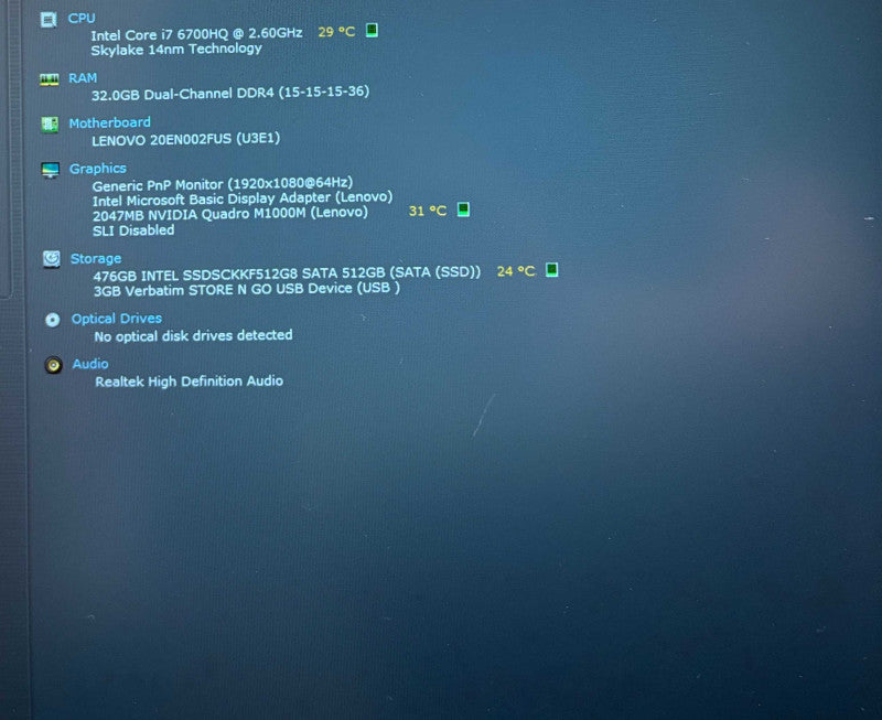 Lenovo ThinkPad P50 i7-6700HQ@2.6GHz QUADRO M1000M 2GB GPU 32GB RAM 512GB SSD  Lap200