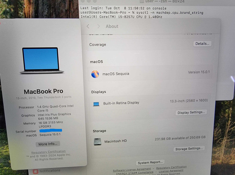 MacBook Pro Retina 13" 2019 | i5-8257U @1.4GHz | 16GB DDR3 | 250GB SSD - READ