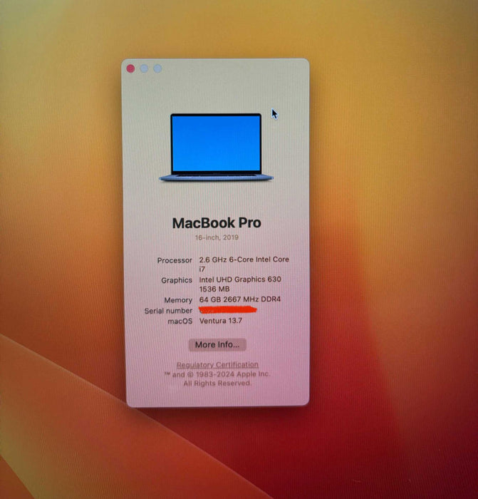 Apple MacBook Pro 16" 2019 i7-9750H Radeon Pro 5500M 8GB 64GB RAM 512SSD READ