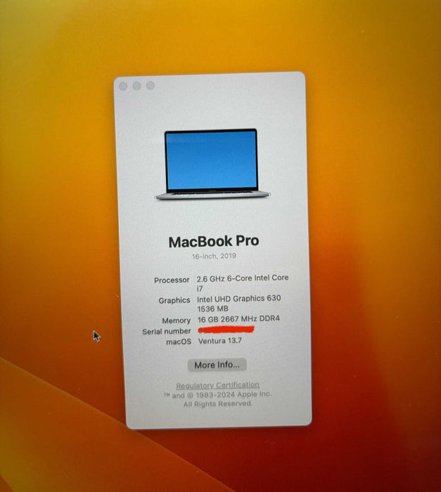 Apple MacBook Pro 16" 2019 i7-9750H Radeon Pro 5300M 4GB 16GB RAM 512SSD READ