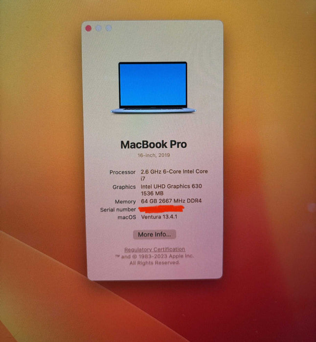 Apple MacBook Pro 16" 2019 i7-9750H Radeon Pro 5500 8GB 64GB RAM 512SSD READ