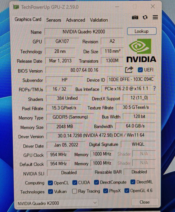 NVIDIA Quadro K2000 | 2GB GDDR5 Graphics Card | 2x DP, DVI