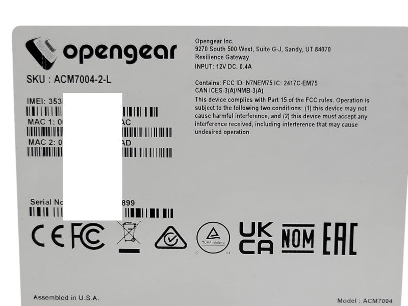 Opengear ACM7004-2-L Resilience Gateway 4G-LTE Cellular Modem Q_