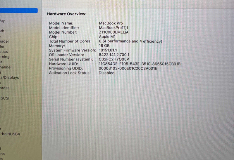 Apple MacBook Pro 13" M1 2020 TouchBar 16GB RAM 1TBSSD No Power Adapter READ