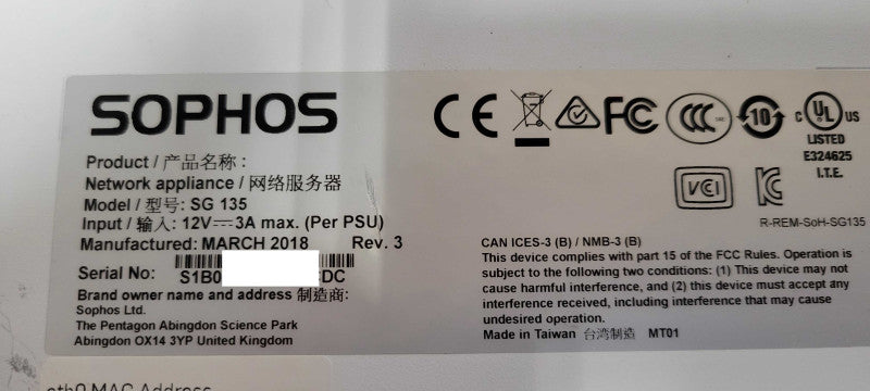 Sophos SG 135 VPN Firewall Appliance - Rev 3, No Power adapter _
