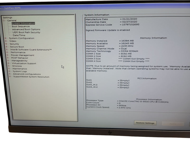 Dell OptiPlex SFF 5070 Intel Core i5 - 9500 CPU @ 3.00GHz 16GB DDR4 Ram θ