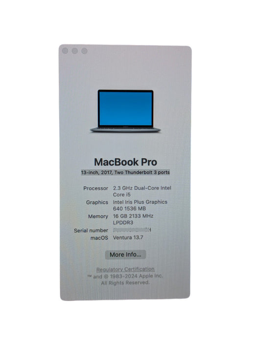 Apple MacBook Pro 2017 13" Intel Core i5-7360U @ 2.30Ghz 16GB RAM & 250GB RE  - Lap200