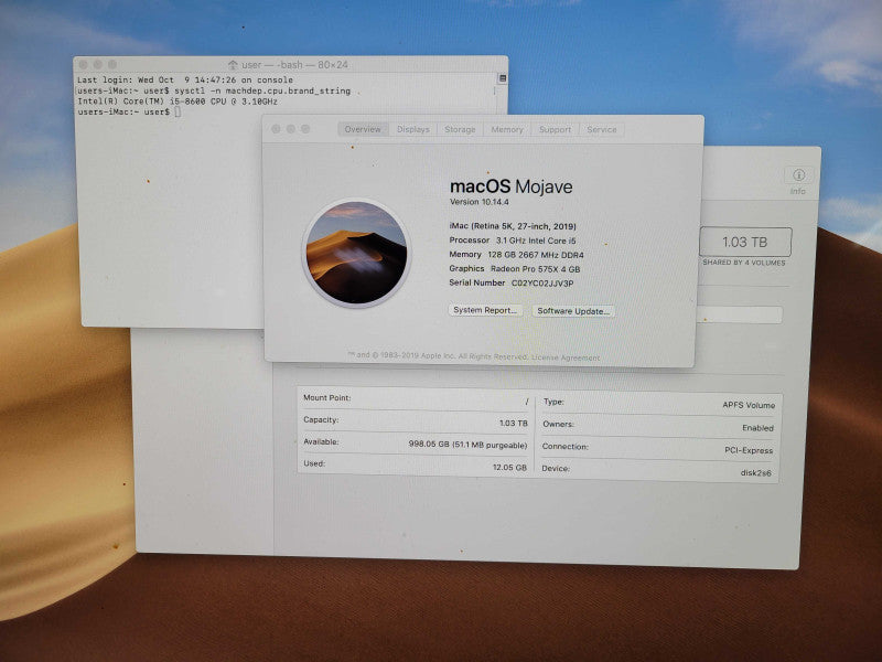 Apple iMac Retina 5K 2019 27" 6-Core i5-8600 @ 3.1GHz 128GB DDR4 1TB SSD Radeon PRO575X !