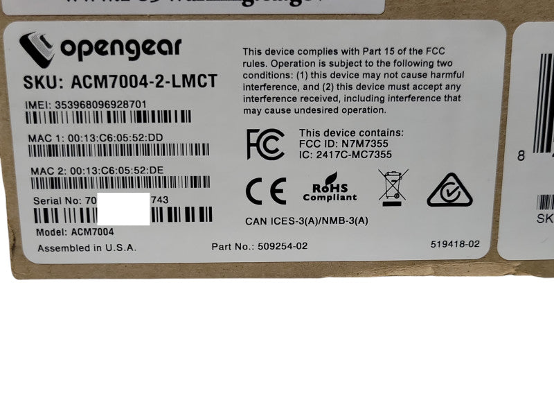 Open-Box Opengear ACM7004-2-LMCT Resilence Gateway _