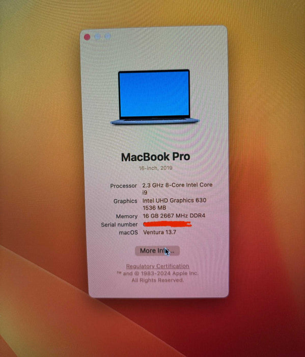 Apple MacBook Pro 16" 2019 i9-9880H Radeon Pro 5500 16RAM 1TB Faulty LCD READ