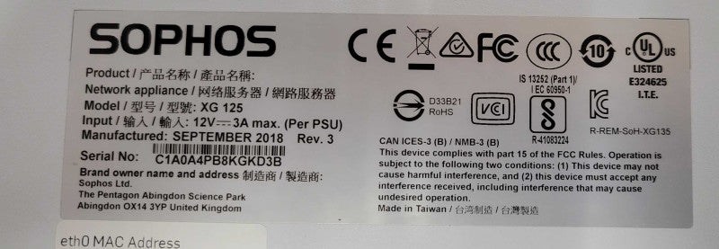 Sophos XG 125 Rev 3 Network Security Firewall _