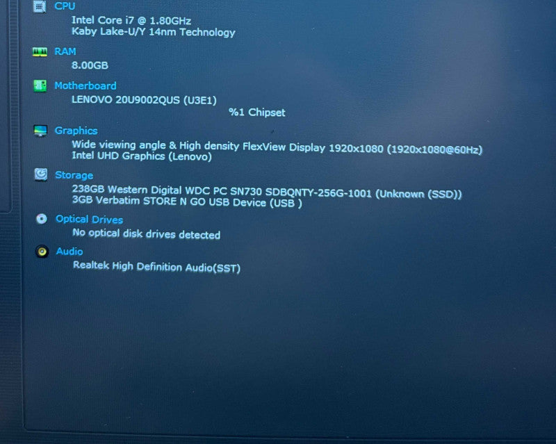 Lenovo ThinkPad X1 Carbon Gen 8 i7-10510U 8GB RAM 256GB SSD No Power Adapter  Lap200