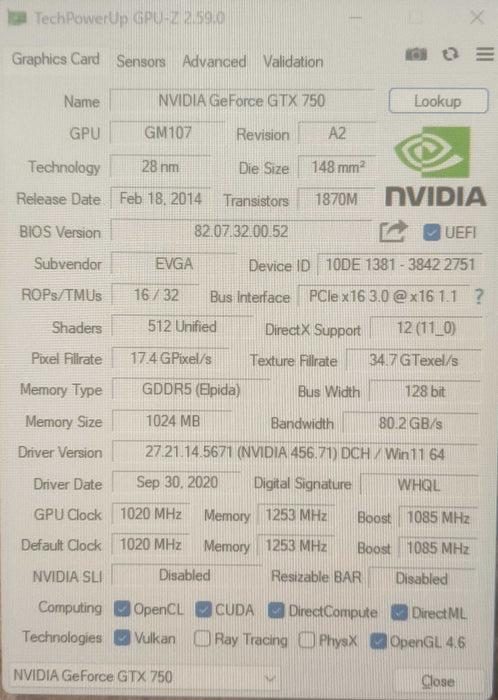NVIDIA GeForce GTX 750 | 1GB GDDR5 Graphics Card | 1xDVI 1xHDMI 1xDP