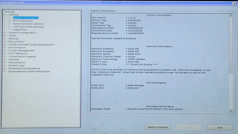 Dell OptiPlex 3060 USFF i5-8500T 2.10GHz 6C, 8GB DDR4, 256GB NVMe