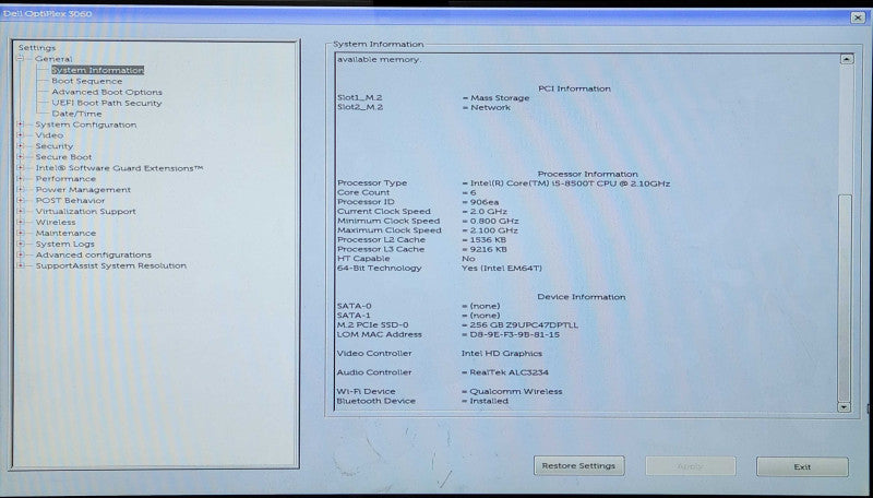 Dell OptiPlex 3060 USFF i5-8500T 2.10GHz 6C, 8GB DDR4, 256GB NVMe
