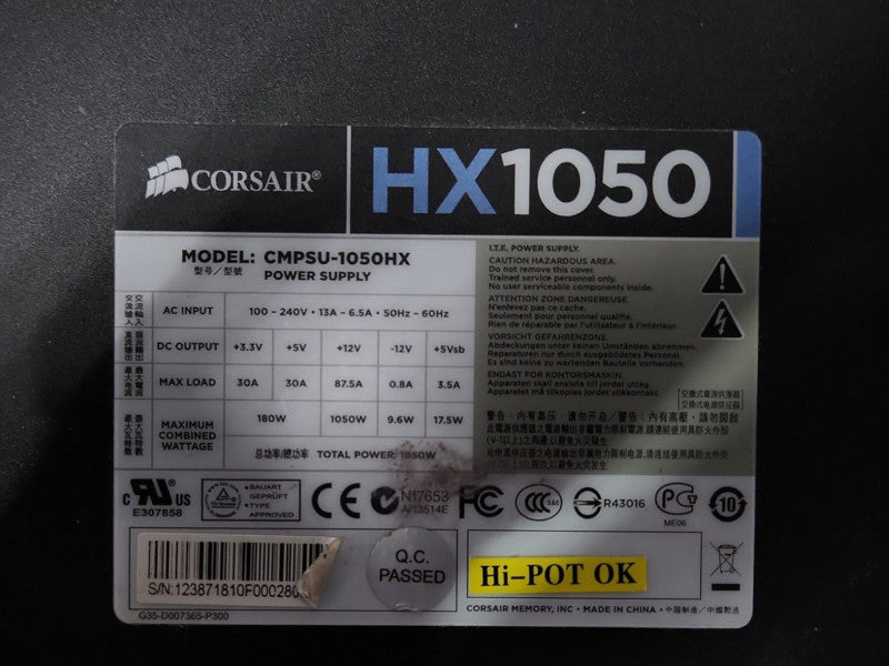 Corsair HX 1050 Watt Modular Power Supply w/ 1x 6+2 PCI-E&4+4 CPU Cable