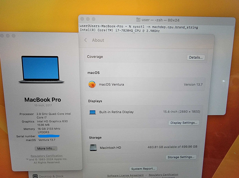 MacBook Pro 15" |4-Core i7-7820HQ @2.9GHz 16GB RAM 500GB SSD Radeon 560 -READ