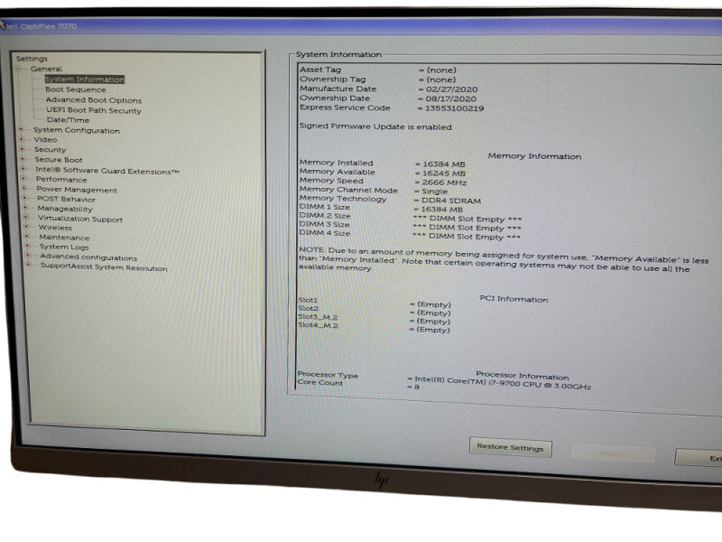 Dell Optiplex 7070 SFF Intel Core i7- 9700 CPU @ 3.00GHz 16GB DDR4 Ram Qθ