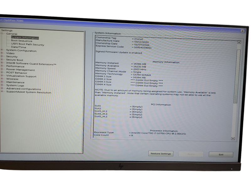 Dell Optiplex 7080 SFF Intel Core i7 -10700 CPU @ 2.90GHz 16GB DDR4 Ram Qθ