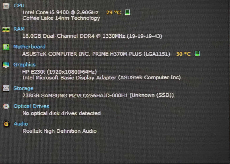 Custom PC/Asus PRIME H370M-PLUS, i5-9400 2.90GHz, 16GB DDR4, 256GB NVMe