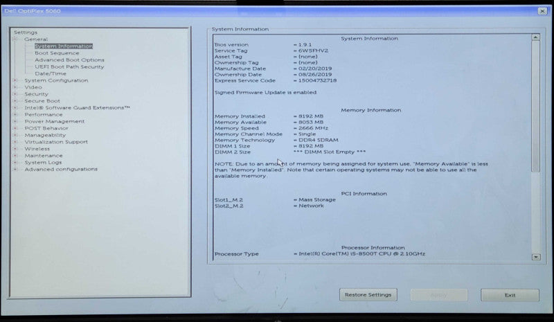 Dell OptiPlex 5060 USFF, i5 - 8500T CPU 2.10Ghz, 8GB DDR4, 256GB NVMe Q