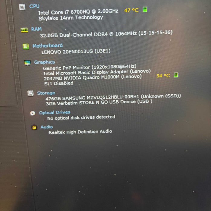Lenovo ThinkPad P50 i7-6700HQ@2.6GHz QUADRO M1000M 2GB GPU 32GB RAM 512GB SSD  Lap200