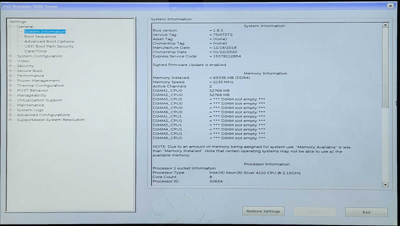 Dell Precision 7820, Xeon Silver 4110 2.10GHz 8C, 64GB DDR4, 1TB SSD, K4200