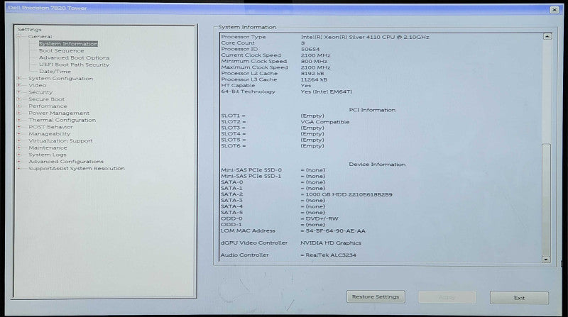 Dell Precision 7820, Xeon Silver 4110 2.10GHz 8C, 64GB DDR4, 1TB SSD, K4200