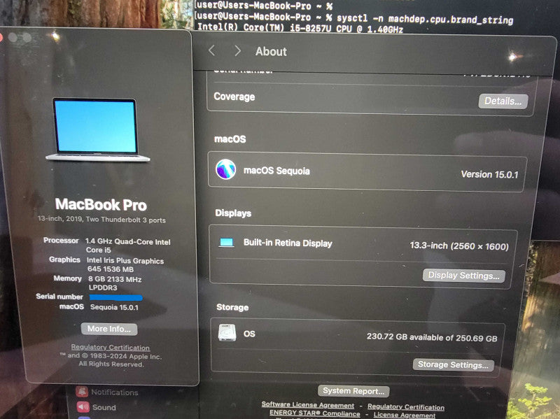 MacBook Pro Retina 13" 2019 | 4-Core i5-8257U 1.4GHz | 8GB RAM | 250GB SSD
