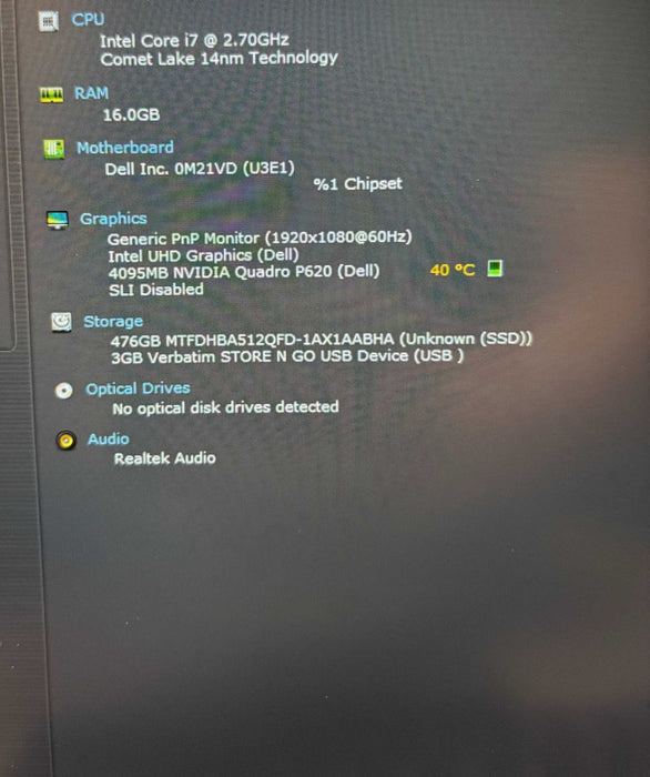 Dell Precision 3551 i7-10850H@2.7GHz QUADRO P620 4GB GPU 16GB 512SSD READ!  Lap200