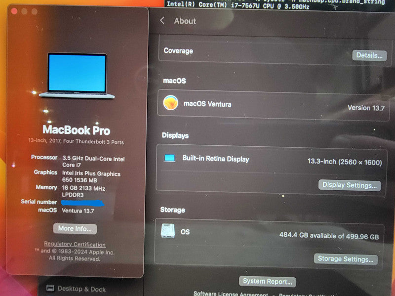 MacBook Pro Retina 13" 2017 | i7-7567U @3.5GHz | 16GB RAM | 500GB SSD - READ