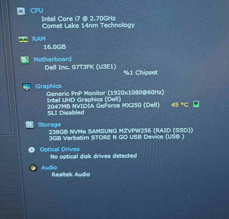 Dell Latitude 5411 i7-10850H@2.7GHz GeForce MX250 2GB GPU 16GB RAM 256GB SSD  Lap200