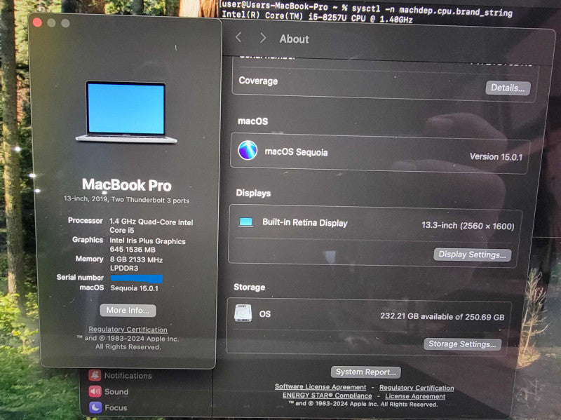 MacBook Pro Retina 13" 2019 | i5-8257U @1.4GHz | 8GB RAM | 250GB SSD