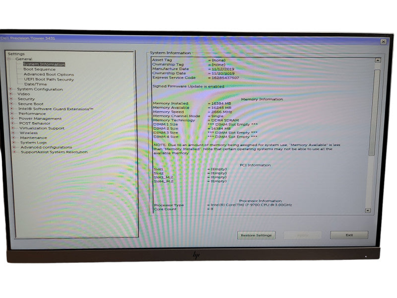 Dell Precision Tower  3431  Intel Core i7 - 9700 CPU @ 3.00GHz 16GB DDR4 Ram θ
