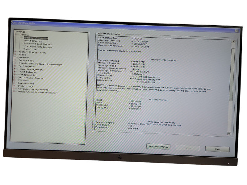 Dell Optiplex 7070 SFF Intel Core i7- 9700 CPU @ 3.00GHz 16GB DDR4 Ram  Qθ