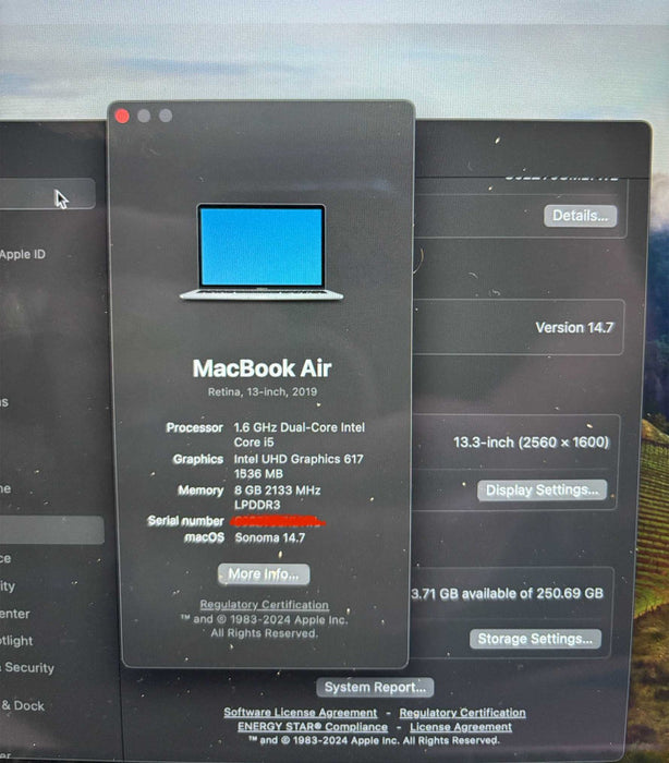 Apple MacBook Air Retina 13-inch 2019 i5-8210Y@1.6GHz 8GB RAM 256GB SSD READ
