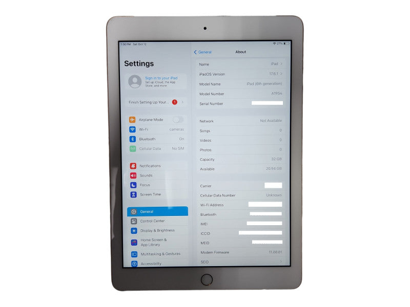 Apple iPad 6th Gen 32GB (A1954), WiFi + Cellular, Unlocked
