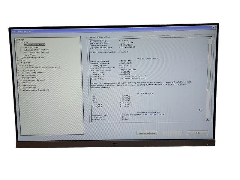 Dell Optiplex 7060 MT Intel Core i7 -  8700 CPU @ 3.20GHz 16GB  DDR4 Ram Qθ