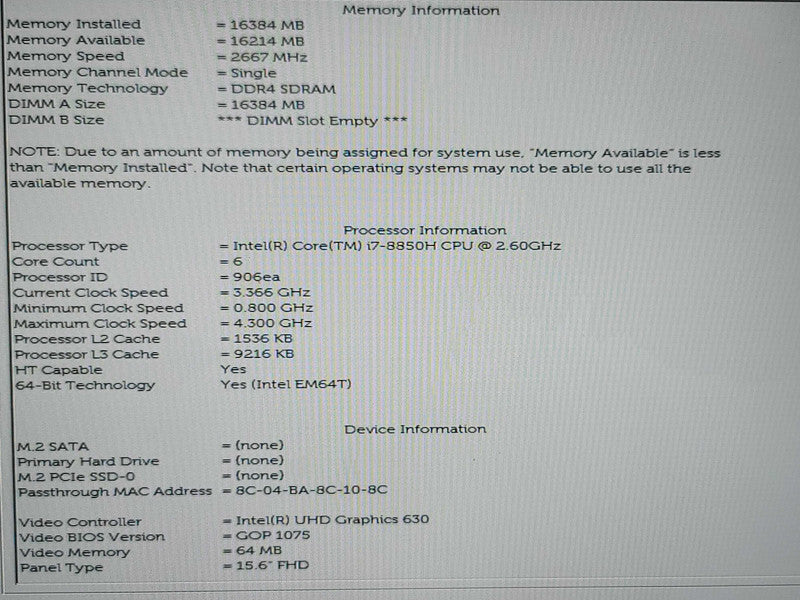 Dell Precision 5530| i7-8850H| Quadro P1000| 16GB DDR4| NO SSD FOR PARTS/REPA β Lap200